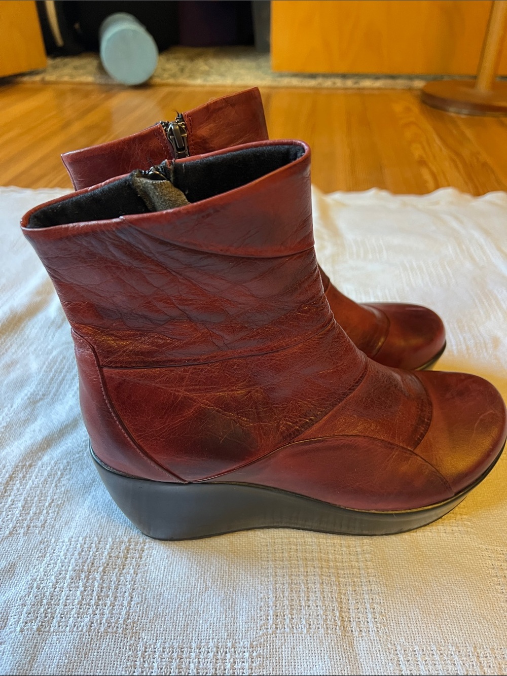Maroon Leather Wedge Ankle Boots with Side Zippers - Picture 5 of 11